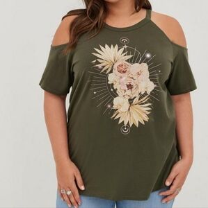 Torrid Floral Cold Shoulder Green Top Size 0 - Large